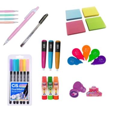 Imagem de Kit Material Escolar Premium Caneta Brush Carimbo Princesa Menina Papelaria Criativa Juvenil Adulto