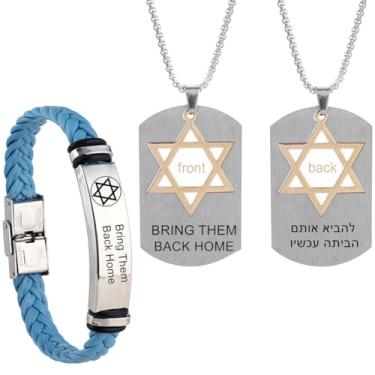 Imagem de YLYYJ Bring Them Back Home Conjunto de joias Israelense Judaica Estrela de Davi Pingente Pulseiras de Couro para Homens e Mulheres, Estrela de Davi, Colar Suporte Israel I Stand with Israel Military