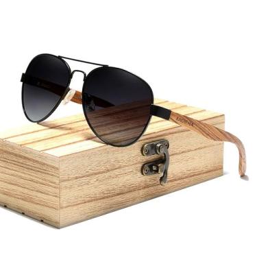 Imagem de Óculos de Sol Aviador Hastes de Madeira Polarizados Proteção Uv400    