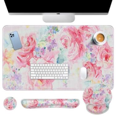 Imagem de Arttown Tapete de mesa de primavera, conjunto de mouse pad floral rosa com suporte de pulso, mouse pad grande 4 em 1 + descanso de pulso para teclado + descanso de pulso para mouse + porta-copos com