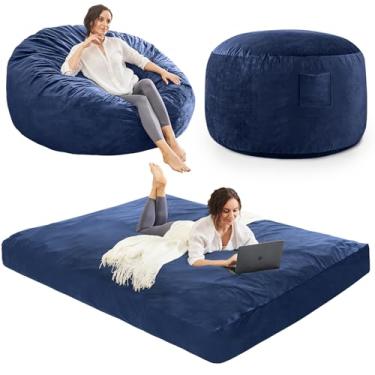 Imagem de Cadeiras de pufe para adultos – Cadeira gigante para pufe conversível – Cadeira Beanbag com cobertura de microfibra/enchimento de espuma para móveis – Sofá de chão no quarto do dormitório – Queen