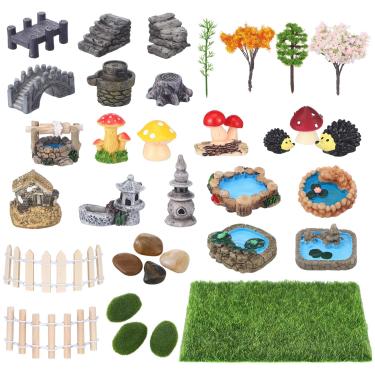 Imagem de VioraWhite Conjunto de 34 peças de mini acessórios de jardim ao ar livre mini estatuetas de terrário decorações de jardim piscina gramado água corrente micro paisagem para bricolage suculentas casa de
