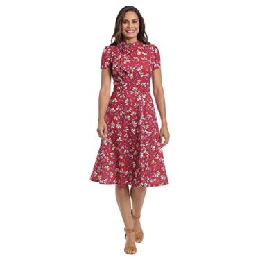 Imagem de London Times Vestido feminino Petite em crepe polido com laço e gola evasê, Vermelho/lilás, 48