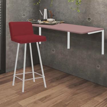 Imagem de Kit Mesa Suspensa de Parede Fixa mdf Rosa + 1 Banqueta Lexi Ferro Branco Corino Vermelho - Ahazzo Móveis