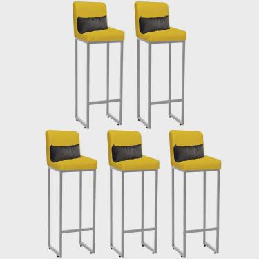 Imagem de Kit 05 Banqueta Alta com Encosto Lucca Industrial Cozinha Balcão Ferro Cinza Suede Amarelo e Almofada Cinza - Ahz Móveis