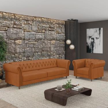 Imagem de Conjunto Sala de Estar 1 Sofá Living 180cm e 1 Poltrona Stanford Chesterfield Pés Madeira Couro Terracota G58 - Gran Belo