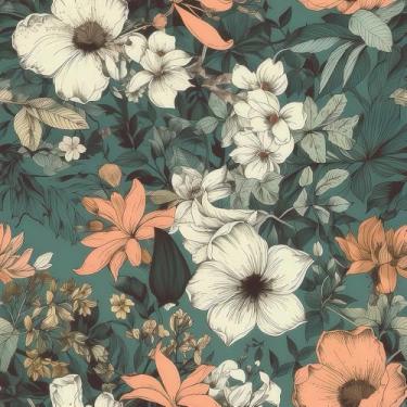 Imagem de VistaPalette Azul-petróleo, verde, laranja, flores brancas, plantas, folha, botânica, papel de parede, decoração de parede, autoadesivo, papel de parede, fácil de descascar, contato para apartamento