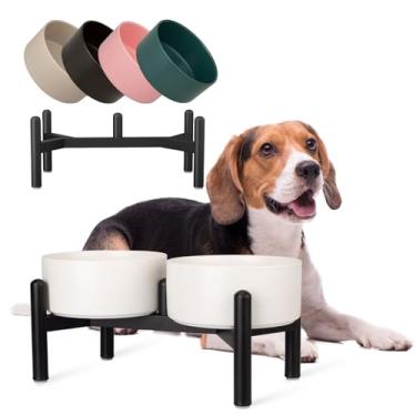 Imagem de Conjunto de tigelas elevadas de cerâmica para cães - Pratos duplos elevados com suporte de aço inoxidável - Tigelas de comida e água para cães pequenos a médios - cada uma comporta 2 xícaras (850 ml