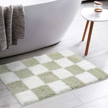 Imagem de Tititex Tapete de banheiro de luxo verde sálvia branco quadriculado, 61 x 91 cm, tapete de banho de microfibra extra macio e absorvente, tapete de banho felpudo antiderrapante para piso de banheiro