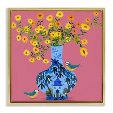 Imagem de Stupell Industries Vaso ornamentado com margaridas moldura dourada flutuante arte de parede, design por Kay Widdowson, 45,7 x 45,7 cm