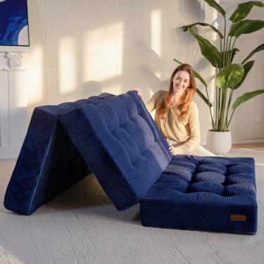 Imagem de MAXYOYO Colchão Triplo, Cama De Espuma Futon Dobrável Tufada De 6 Polegadas, Colchão De Chão Dobrável, Cama De Hóspedes, Topper Futon, Cama De Acampamento Portátil Com Tecido Com Cordão, Azul-Marin