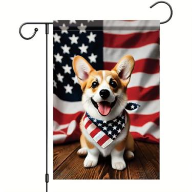 Imagem de Starlit Patio Bandeira de jardim patriótica 4 de julho Corgi Dog Welcome Fourth of July Independence Day Memorial Day Yard Flag Summer Outdoor Decorações 30 x 45 cm