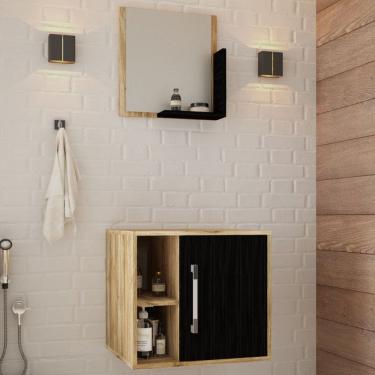 Imagem de Armário de Banheiro Olivia 1 Porta 2 Prateleiras com Espelho Carvalho/Preto ônix  - Pnr Móveis