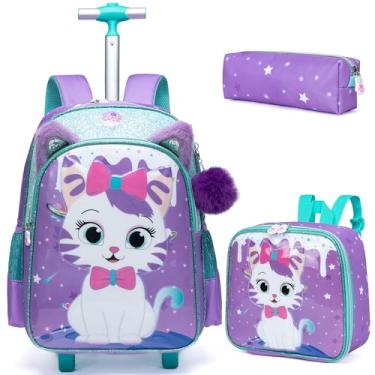 Imagem de Oruiji Mochila com rodas para meninas de 8 a 12 anos, mochila com rodinhas para meninas da escola, Gato espacial roxo
