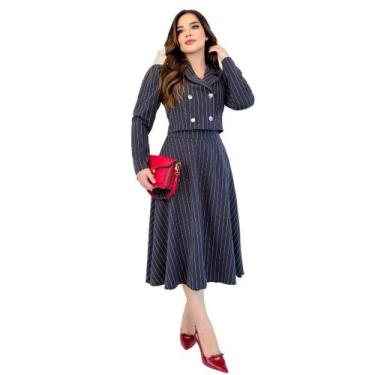 Imagem de Conjunto Feminino Alfaiataria Risca de Giz Blazer Com Botões + Saia Mi