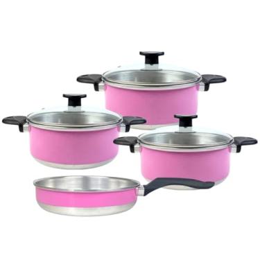 Imagem de Conjunto de Panelas com 3 Caçarolas + 1 Frigideira em Alumínio Esmaltado Rosa