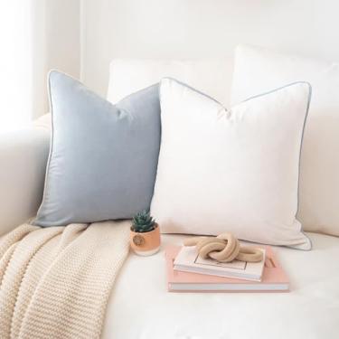 Imagem de MONDAY MOOSE Capas de almofada decorativas, conjunto de 2 designs modernos frente e verso de veludo macio, misture e combine para decoração de casa, almofadas não incluídas (56 x 56 cm, bege/azul