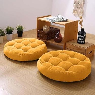 Imagem de Gfobip Conjunto de 2 almofadas redondas grandes para adultos de veludo cotelê adornado para sala de estar Tatami Yoga, amarelo 56 cm C x 56 cm L x 12,7 cm A