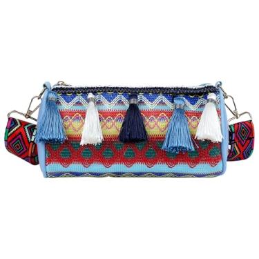 Imagem de DODAMOUR Bolsa transversal cilíndrica bordada Boho, borla colorblock Boston com alça geométrica ajustável, bolsa étnica compacta para telefone, batom e espelho (azul)