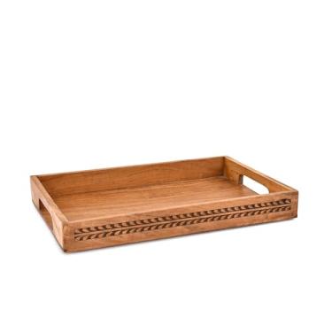 Imagem de Nirman Bandejas de servir bandeja de designer gravada em madeira de acácia com alças | Presente elegante para decoração de casa, hospedagem, festas (38 x 25 x 6,3 cm)
