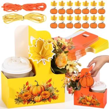 Imagem de TaoBary Conjunto de 30 porta-bebidas com 2 xícaras, bandeja dobrável, portátil, suporte para bebidas, amarelo, laranja, descartável, de papelão, café, com etiqueta de folha de bordo, presente de Ação