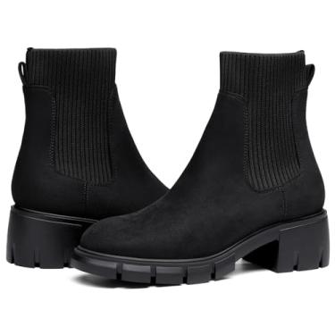 Imagem de Ruanyu Bota feminina plataforma tornozelo elástico salto bloco Chelsea bota sola antiderrapante sapatos de combate, Camurça preta, 35