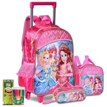 Imagem de Kit Mochila Rodinhas Escolar de Princesas Fofa com Brilho Meninas Lancheira e estojo