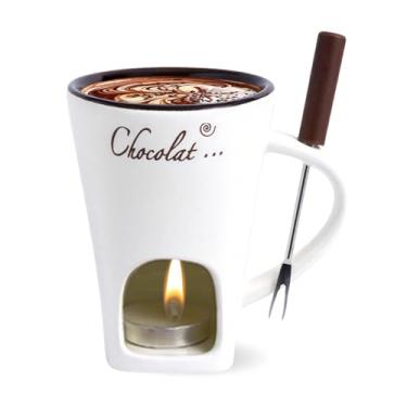 Imagem de AMZWISH Mini copo de fondue doce, caneca aquecedor de café de cerâmica, copo portátil de derretimento de chocolate com garfo para queijo, ótimo para adultos/crianças para acampamento/encontro/noite de