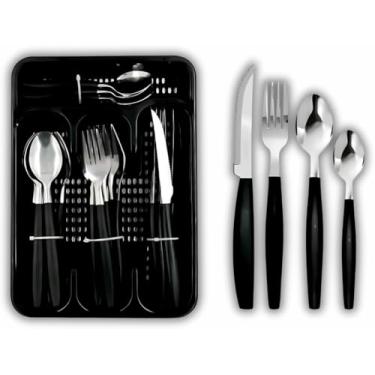 Imagem de Conjunto de Talheres 25 Peças em Aço Inox, Cabo Preto, com Porta-Talheres, 6 Garfos, 6 Facas, 6 Colheres de Mesa, 6 Colheres de Chá Utensílios Para Cozinha