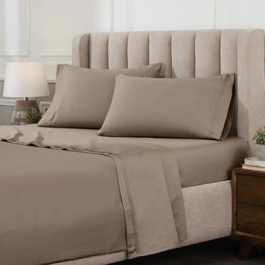 Imagem de Superior Jogo de lençol de algodão egípcio de 4 peças, luxuoso, 1500 fios, design moderno, lençóis sustentáveis, básicos ultramacios, liso, lençol de cima, fronhas, King, cinza-acastanhado