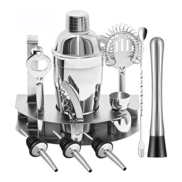 Imagem de ZZTWER Conjunto de coqueteleira de aço inoxidável de 12 peças, kit de barman, acessórios de barra de ferramentas de bar com suporte, ferramenta de bar para bar de mistura de bebidas, conjunto de