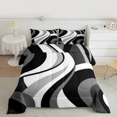 Imagem de Conjunto de edredom Queen cinza preto e branco para adultos, mulheres, homens, moderno, redemoinhos, listras, abstrato, boêmio, geométrico, geométrico, geométrico, arte graffiti, conjuntos de colcha