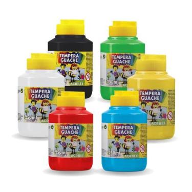 Imagem de Kit Tinta Guache Tempera 6 Cores 250ml Acrilex Escolar Infantil Ideal 