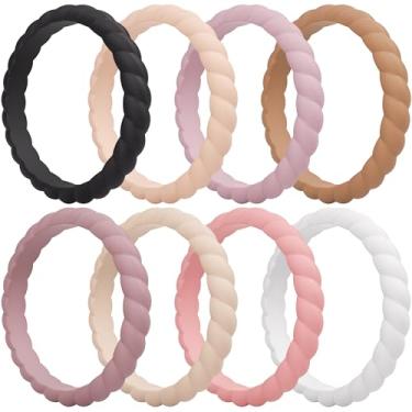Imagem de ThunderFit Alianças de casamento de silicone trançadas finas para mulheres, anéis de noivado de borracha de 3,5 mm de largura e 2 mm de espessura - 1/4/8/10/12/16 pacote variado, 7.5 - 8 (18.2mm