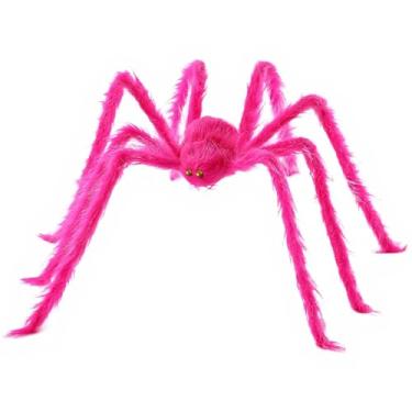 Imagem de Qtisky Decoração de aranha rosa de Halloween, decorações gigantes de aranha de pelúcia rosa choque de 1,5 m para Halloween, decorações internas e externas com olhos dourados e pernas dobráveis