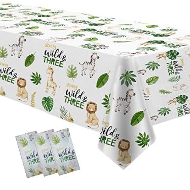 Imagem de HIPVVILD Toalha de mesa para festa de aniversário de 3 anos com tema de animais selvagens, jovens selvagens e três decorações, suprimentos descartáveis para decoração de mesa de aniversário de safári