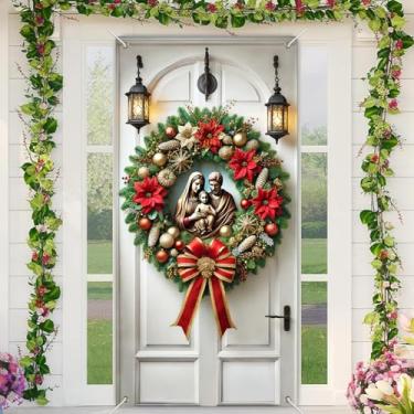 Imagem de BlissYard Faixa de porta de Feliz Natal da Holy Family, 89 x 189 cm, decoração para porta da frente com presépio poinsétia dourada vermelha e guirlanda de pinheiro para exibição de varanda de Natal de