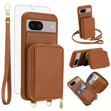 Imagem de Capa de celular para Google Pixel 8A 5G carteira celular com protetor de tela de vidro temperado alça transversal de pulso suporte de cordão com bloqueio de RFID suporte para cartão de crédito com