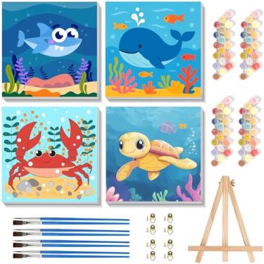 Imagem de cviokrdu Kit de pintura por números para crianças com moldura - cavalete de madeira, pintura animal por números para crianças de 4 8 a 12 anos, kits de pintura a óleo acrílica de animais marinhos