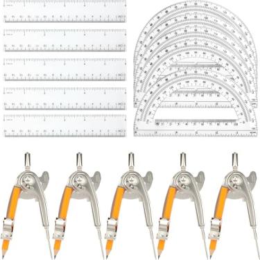 Imagem de Conjunto de 20 peças de bússola de matemática geométrica para bússola e transferidor de matemática geométrica, inclui bússola de metal com régua de plástico e transferidor para estudante, escola