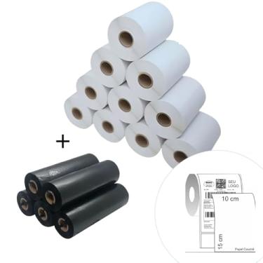 Imagem de Kit 10 Rolos Etiqueta Papel Couchê 100x150mm, 5 Ribbons Cera 110x74m, Etiquetas para E-commerce (10 Rolos de Etiq + 5 Ribbons)
