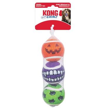 Imagem de KONG Bolas esportivas Grinz de Halloween para cães – Bolas de rosto sorridente com feltro não abrasivo para busca e perseguição seguras – Conjunto de brinquedos de Halloween duráveis e sem ruídos