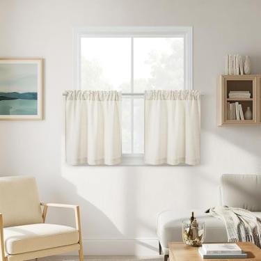Imagem de Cortinas de linho natural para café 61 cm de comprimento, 2 painéis, bolso para varão, para cozinha, banheiro, lavanderia, cortinas de janela pequena, cortinas de privacidade com filtro de luz de