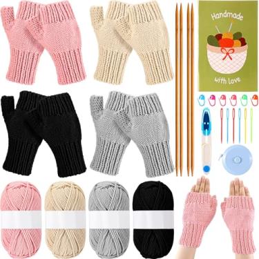 Imagem de Maasechs 4 pares de luvas de tricô para iniciantes e adultos, kit iniciante de crochê com fio de agulhas de bambu, marcadores de ponto, tutoriais, luvas de artesanato de tricô, presente faça você
