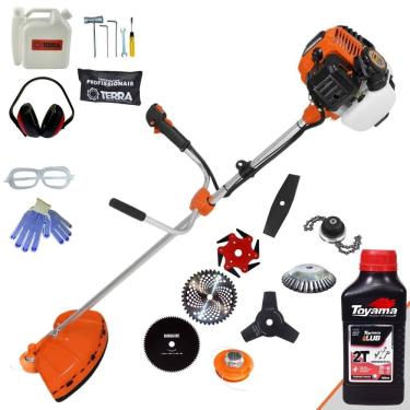 Imagem de Roçadeira Completa À Gasolina Terra GR520XP 2T 52cc 6.500rpm 2,5HP Alta Performance Com Carretel Nylon + Kit 7 Opções de Corte + ÓLEO TOYAMA 2T + EPI