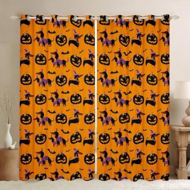 Imagem de Cortinas de janela Happy Halloween, cortina de janela de desenho animado Dachshund cachorrinho cachorro animal para quarto, morcegos abóbora de Halloween cortinas trippy 2 painéis para adultos