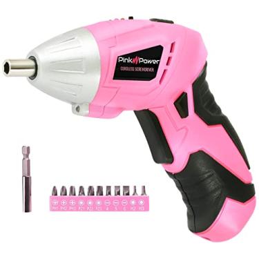 Imagem de Pink Power Kit de pistola de parafuso giroscópico eletrônico recarregável sem fio 3,6 V para casa - Conjunto de ferramentas rosa com indicador de bateria LED de luz e conjunto de bits - Ferramentas rosa para mulheres