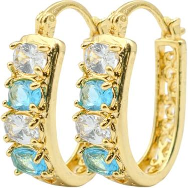 Imagem de Brincos de argola oval de 2,5 cm, preenchido com ouro amarelo 18K, zircônia cúbica azul claro turquesa azul claro