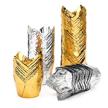 Imagem de EUSOAR Forros de cupcake para assar, 100 peças de forros de muffin descartáveis de 100 ml, copos de cupcake estilo tulipa de alumínio, copos de assar, copos de alumínio, suportes de ramekin