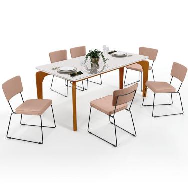 Imagem de Mesa De Jantar Capri 160cm Off White Nature Com 6 Cadeiras Allana B05 Linho Rosê - Lyam Decor